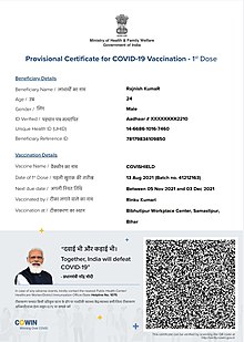 Modi's image on Covid vaccine card that garnered a number of comments Indian COVID-19 Vaccination Certificate.jpg