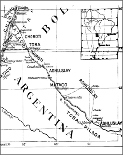 Karta av Erland Nordenskiöld som visar bland annat qoms (tobas) utbredning i området längs Pilcomayofloden i gränsområdet mellan Argentina och Bolivia 1910.