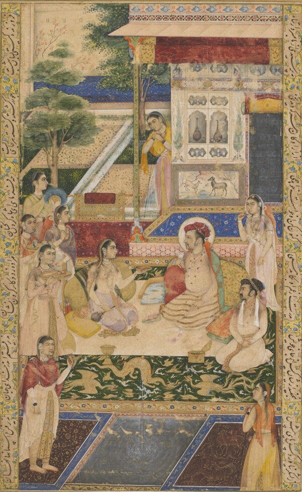 Jahangir and Prince Khurram with Nur Jahan, c. 1624. This scene is probably set in the Aram Bagh, Agra, which the empress Nur Jahan, a great patron of