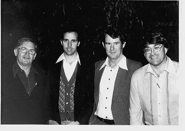 Keating aged 34, second from left, with Labor figures (from left) Colin Jamieson, Peter Walsh and Stewart West in Wickham, 1978