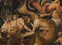 Meso prsate ženska raztrgajo zobje demona, medtem ko se hudič v obliki kuščarja pred njo hrani z moškim, ki ga najprej potisne v usta.