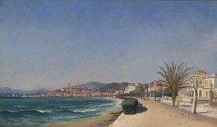 Vue sur la promenade à Cannes avec le Suquet dans le lointain, Janci, huile sur toile, 1883.