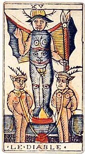 Le Diable
, from the early 18th-century Tarot of Marseilles by Jean Dodal Jean Dodal Tarot trump 15.jpg