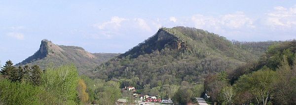 King's and Queen's Bluffs, near Winona, Minnesota, with sheer sides facing the Upper Mississippi River and goat prairies facing the southwest. KingsAndQueensBluffs.jpg