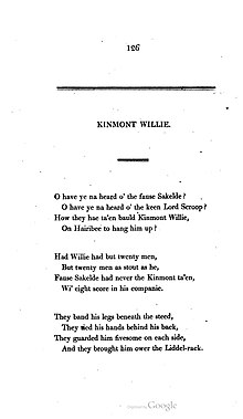 First page of Kinmont Willie in Scott's Minstrelsy of the Scottish Border. Kinmont Willie 1802.jpg