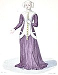 En ärmlös surkotklänning med vida ärmhål, "helvetesfönster", som avslöjar den snäva underklänningen: här i samma färg, lila, men oftast hade underklänningen en annan färg än överklänningen. Typisk 1330-1400.
