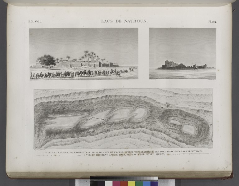 File:Lacs de Natroun. 1. Vue d'El-Rahâouy, près Omm-Dynâr, prise du côté de l'ouest; 2. Carte topographique des deux principaux lacs de Natroun; 3. Vue du batiment appelé Qasr, prise du côté du (NYPL b14212718-1268816).tiff