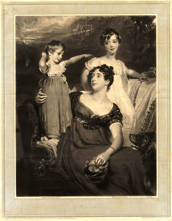 Thomas Dyke Acland (right) with his mother Lydia Elizabeth Hoare (centre) and Arthur Henry Dyke Acland (left). Mezzotint by Samuel Cousins, 1826.