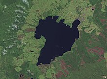 The scalloped bays indenting Lake Taupo's northern and western coasts are typical of large volcanic caldera margins. The caldera they surround was formed during the huge Oruanui eruption. Lake taupo landsat.jpg