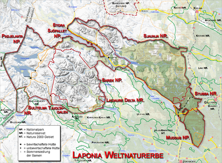 Roads, trails and the different areas of Laponia.
