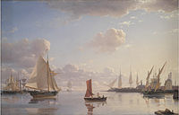 Udsigt fra Langelinie mod Nyholm med Mastekranen Morgenbelysning (1850). Statens Museum for Kunst.