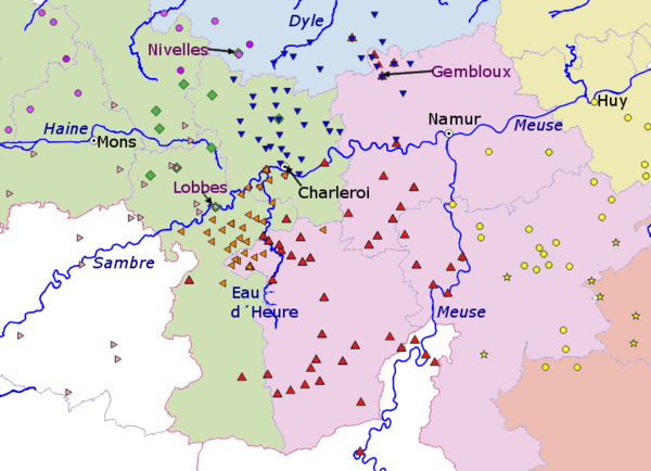 Early medieval pagi mapped on modern Belgian provinces. Red triangles are places recorded as being in Lommegau. Blue triangles were in Darnau. Orange were in the Sambre gau. These were both also a part of the Lommegau. Lommegau.png