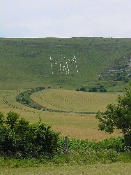 The Long Man of Wilmington, inscribed into the scarp face of the South Downs in East Sussex