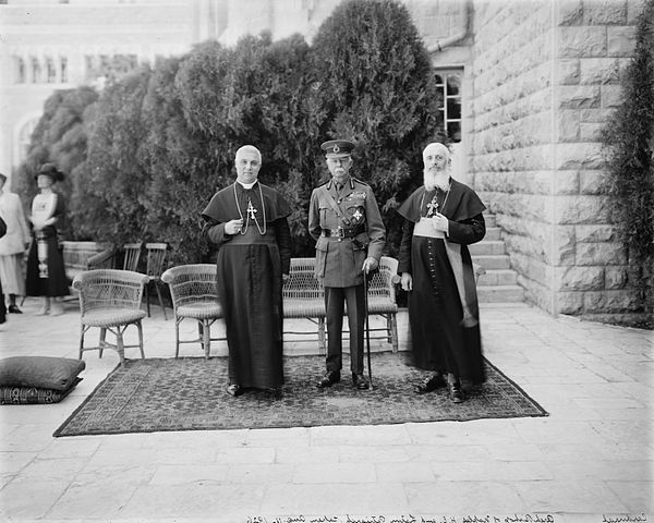 Alessio Ascalesi, the Archbishop of Naples, with Herbert Plumer, 1st Viscount Plumer, and Luigi Barlassina, the Latin Patriarch of Jerusalem, on the r