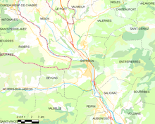 Elementaire kaart met de grenzen van de gemeente, buurgemeenten, vegetatiezones en wegen