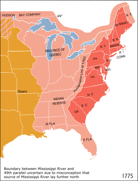 Eastern North America in 1775. The Province of Quebec, the Thirteen Colonies on the Atlantic coast, and the Indian Reserve as defined by the Royal Proclamation of 1763. The border between the red and pink areas represents the 1763 "Proclamation line", while the orange area represents the Spanish claim.