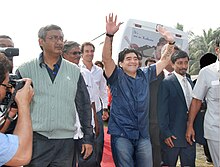 Maradona in Kolkata, India, in December 2008. Maradona laid the foundation stone for a football academy in the eastern suburbs of the city, and was greeted by over 100,000 fans in Salt Lake Stadium.[204]