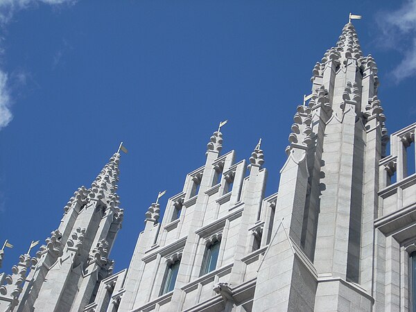 Detail of ornately carved granite pinnacles on the facade of Marischal College, following restoration