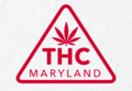 A red symbol with a cannabis leaf above the letters "THC" and "Maryland" in a rounded triangle outline
