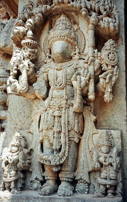 Matsya temples are relatively rare, but the iconography is found in Hindu temple reliefs. A fish-faced Matsya in Chennakesava Temple, Somanathapura.