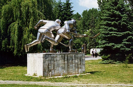 Miercurea Ciuc, Romania. Ice Hockey players monument. June 1994 (3975244230)