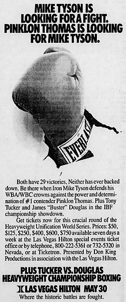 Newspaper advertisement for the penultimate fight in the series, Mike Tyson vs. Pinklon Thomas