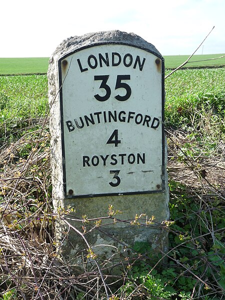 File:Milestone 35 on A10 in Therfield parish.jpg