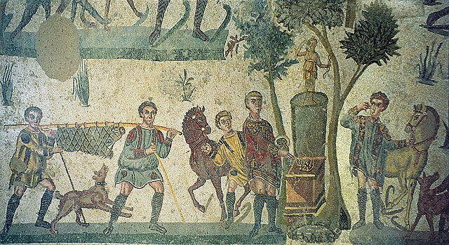 A Roman mosaic depicting a banquet during a hunting trip, from the Late Roman Villa Romana del Casale, Sicily