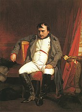 Napoléon de trois-quart assis sur un fauteuil, le bras accoudé au dossier