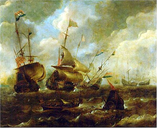 Dutch school painting depicting one of the many naval battles that took place between the Spanish and Dutch navies during the first half of the 17th century