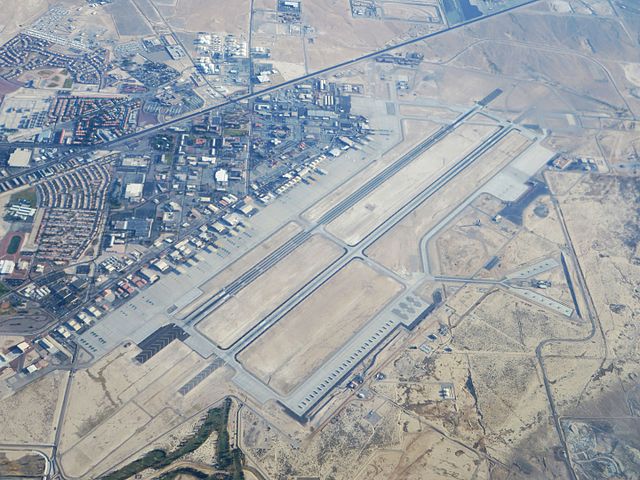 An aerial view of Nellis AFB taken in 2014