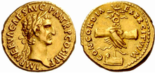 Handshake depicted on a Roman coin, with the name of the goddess Concordia (AD 97) Nerva Aureus Concordia.png