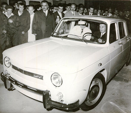 Nicolae Ceaușescu driving the first Dacia 1100 in 1968