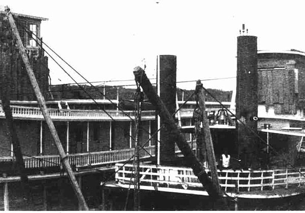 The damaged steamboat Northcote after the battle. Damaged on its way to Batoche, its crippling delayed the advance of government troops.