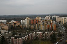 Teil der Plattenbausiedlungen am südlichen Ende von Langwasser aus den frühen 1970er Jahren. Am rechten Bildrand Imbuschstraße, Blickrichtung Ost-Nord-Ost