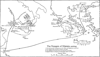 Map of Ulysses' travels from Butler's English translation of The Odyssey (1900). Odyssey (Butler) Map.png