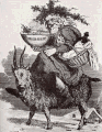 Ei gammel framstilling av Julenissen der han har granbar i håret, julemat og ein unge i armane og rir på ein geitebukk.