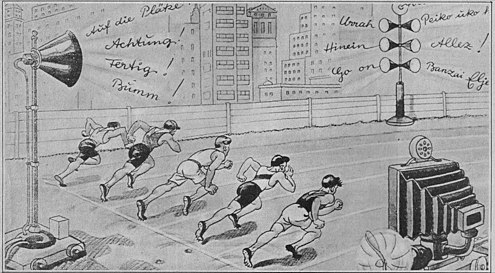 A cartoon from the 1936 Olympics imagines the year 2000 when spectators will have been replaced by television and radio, their cheers coming from loudspeakers. Olympic Final 2000 (1936 cartoon).jpg