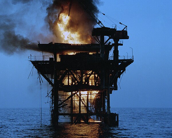 Rostam, one of two Iranian oil platforms set ablaze after shelling by American destroyers.