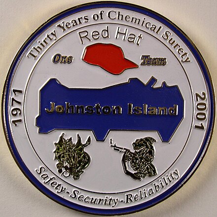 Operation Red Hat challenge coin commemorating 30th year of mission at Johnston Atoll Operation Red Hat challenge coin.jpg