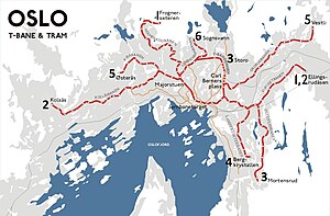 Map of the Metro (red), tramway (orange) and mainline railway (black) Oslo t-bane.jpg