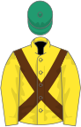 Yellow, brown cross sashes, emerald green cap