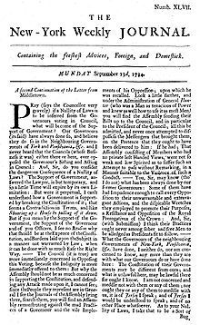 A page from Zenger's New-York Weekly Journal, 23 September 1734 Page-John-Peter-Zenger-New-York-Weekly.jpg