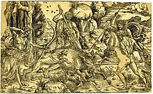 Atalanta and Meleager hunting the Calydonian boar, woodcut, Palumba's largest (270 x 445 mm) and perhaps most accomplished print. Palumba hunt2.jpg