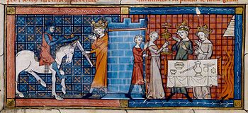 Perceval arrives at the Grail Castle to be greeted by the Fisher King in an illustration for a 1330 manuscript of Perceval, the Story of the Grail. Perceval-arrives-at-grail-castle-bnf-fr-12577-f18v-1330-detail.jpg