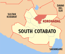 Mapa ng Timog Cotabato na nagpapakita sa lokasyon ng Koronadal.
