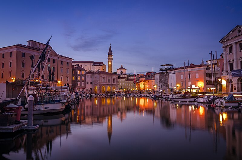 File:Piran's Harbour at Night.jpg