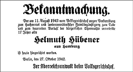 Announcement of Hubener's execution on October 27, 1942 Plakathinrichtung.jpg