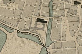 Sur une carte de 1755, en noir entre le pont des Archers