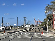 Railroad tracks and other objects comprising part of a math walk in Fernandina Beach Historic District. Railroad Tracks Fernandina Beach.jpg